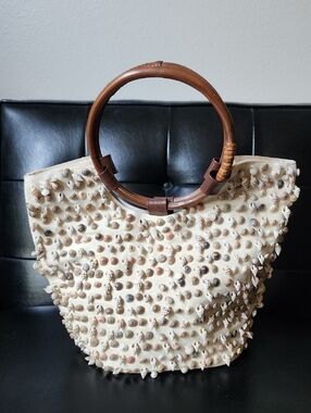 Milson & Louis Shell Beaded Wooden Handle Boho Beach Tote Bag Cream Basket